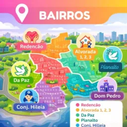 Bairros Redenção 💜Alvorada1.2.3 🩵da Paz 🤍 Planalto 🧡 Dom Pedro 💛conj Hileia 🤎Santo Dumont 🩶