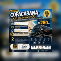 Excursão para a praia de Copacabana no Rio de Janeiro dia 05 de setembro de 2026, Saída 04/09 20:30.
