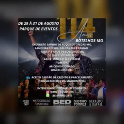 Excursão para a festa de aniversário de botelhos-mg dias 29, 30 e 31 de agosto de 2025 pq de eventos